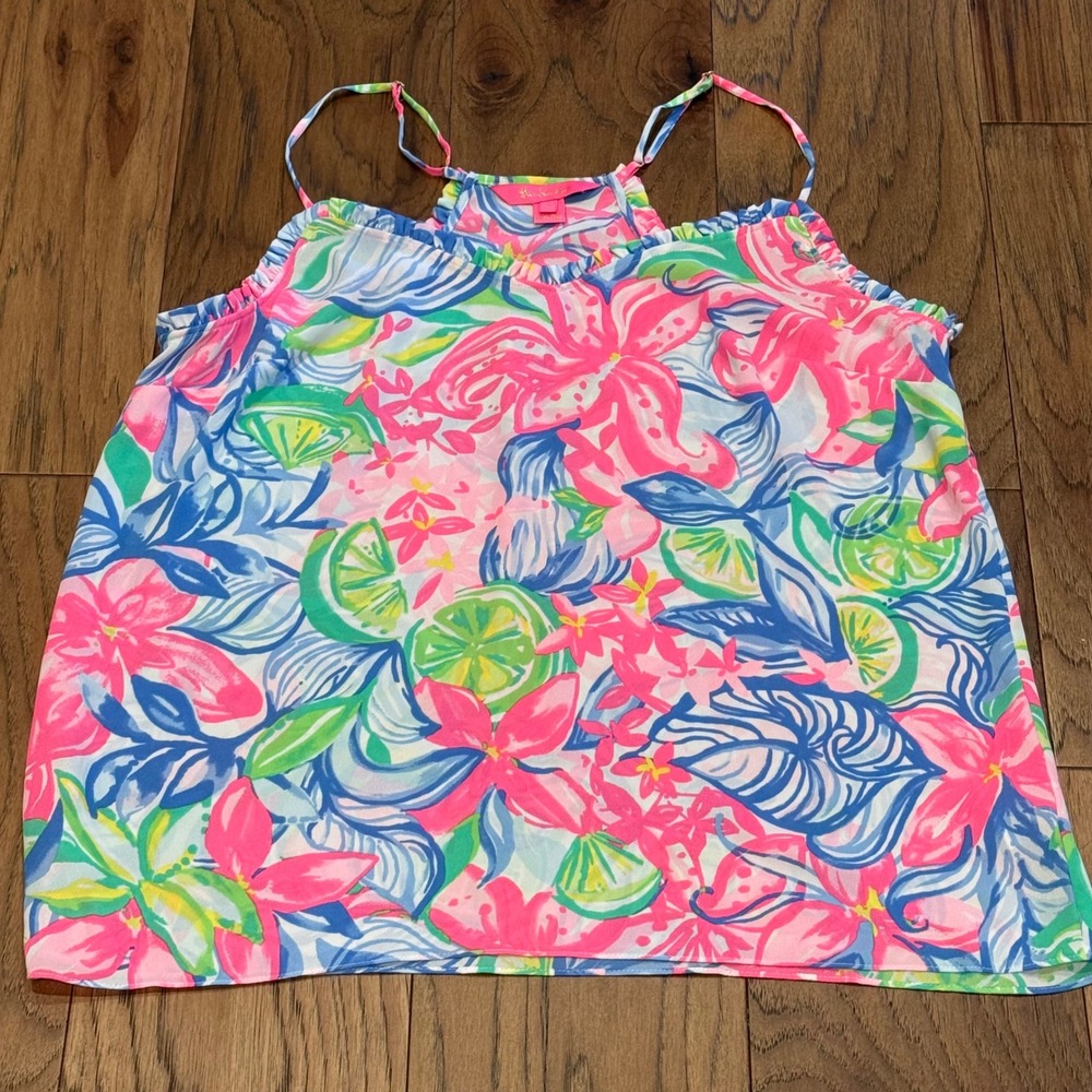 Lilly Pulitzer Florin Cami Pink Blue Floral Citrus Print Tank Top XL